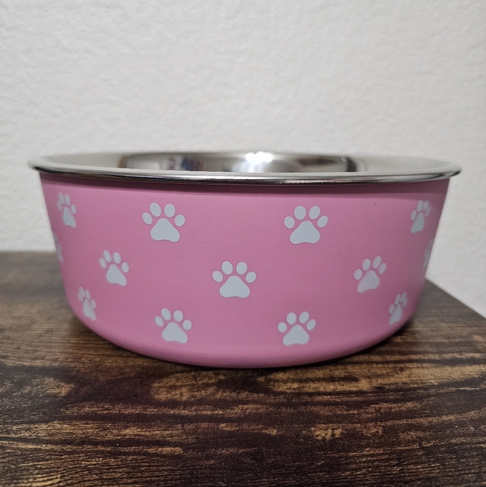 Pink Stainless Steel Dog Bowl with Paw Prints